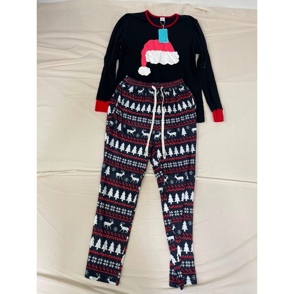 IFFEI Womens Christmas Pajama Set Santa Hat Top Fair Isle Reindeer Pants Small